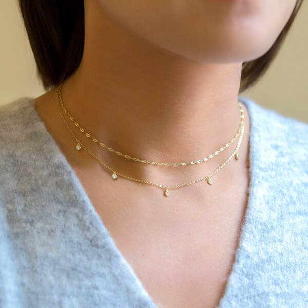Cadena Layer Doble en Stainless Steel con Baño de Oro 18K y Detalles de Diamantes