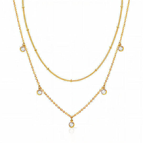 Cadena Layer Doble en Stainless Steel con Baño de Oro 18K y Detalles de Diamantes